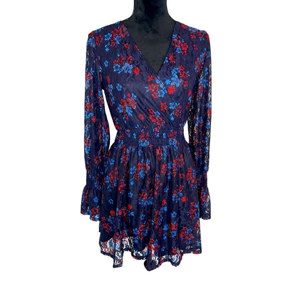 NWOT DISNEY PRINCESS WOMENS BLUE FLORAL LACE LONG SLEEVE V-NECK DRESS SIZE SMALL